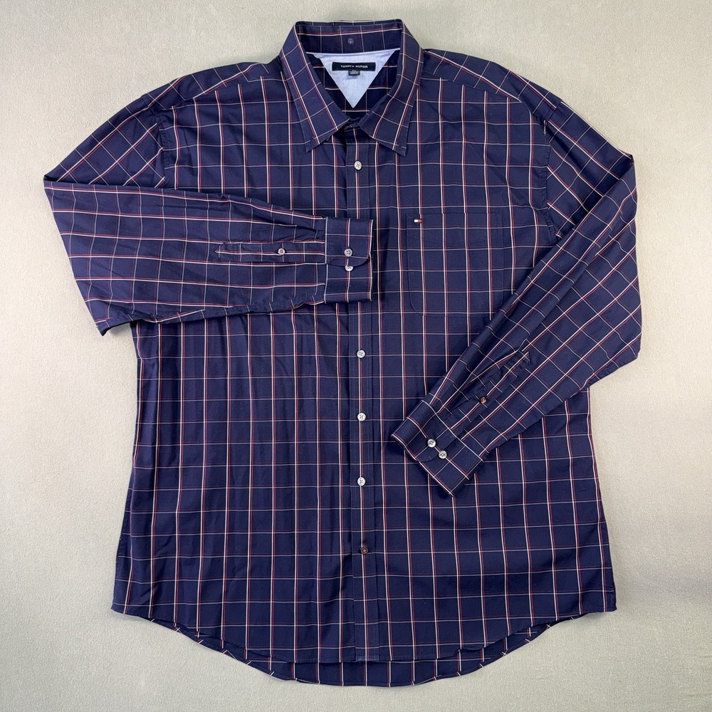 Men's Tommy Hilfiger Long Sleeve Cotton Button Up Shirt Navy Plaid Size XXXL